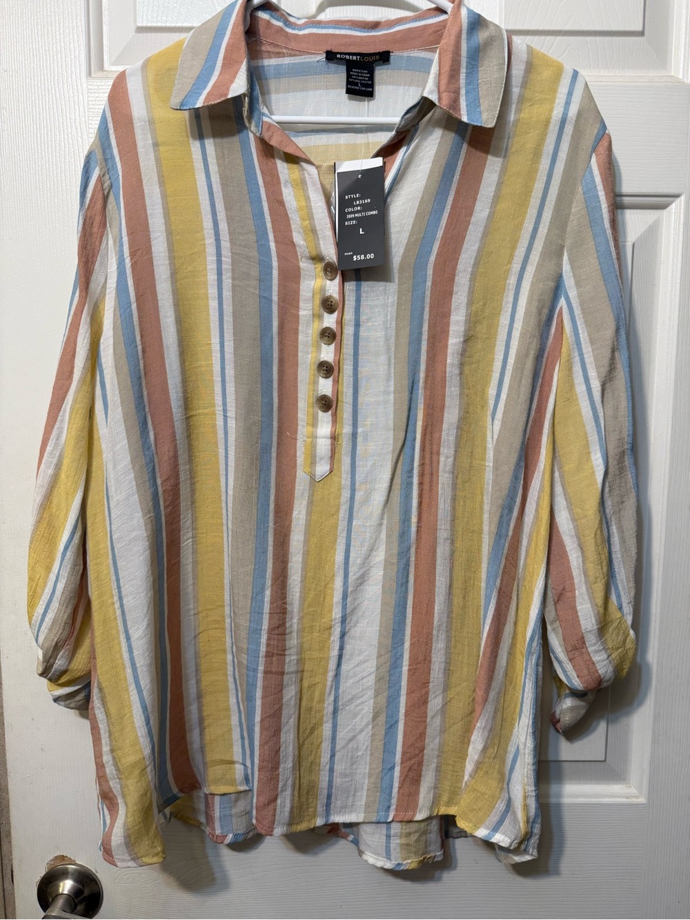 Robert Louis Multi-Stripe Button-Front Tunic in Yellow, Blue, White & Tan
